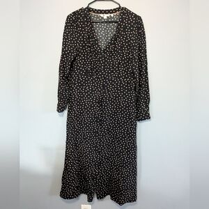 Boden Polka Dot Long Sleeve Midi Dress US 10R Navy Tan Spot Print